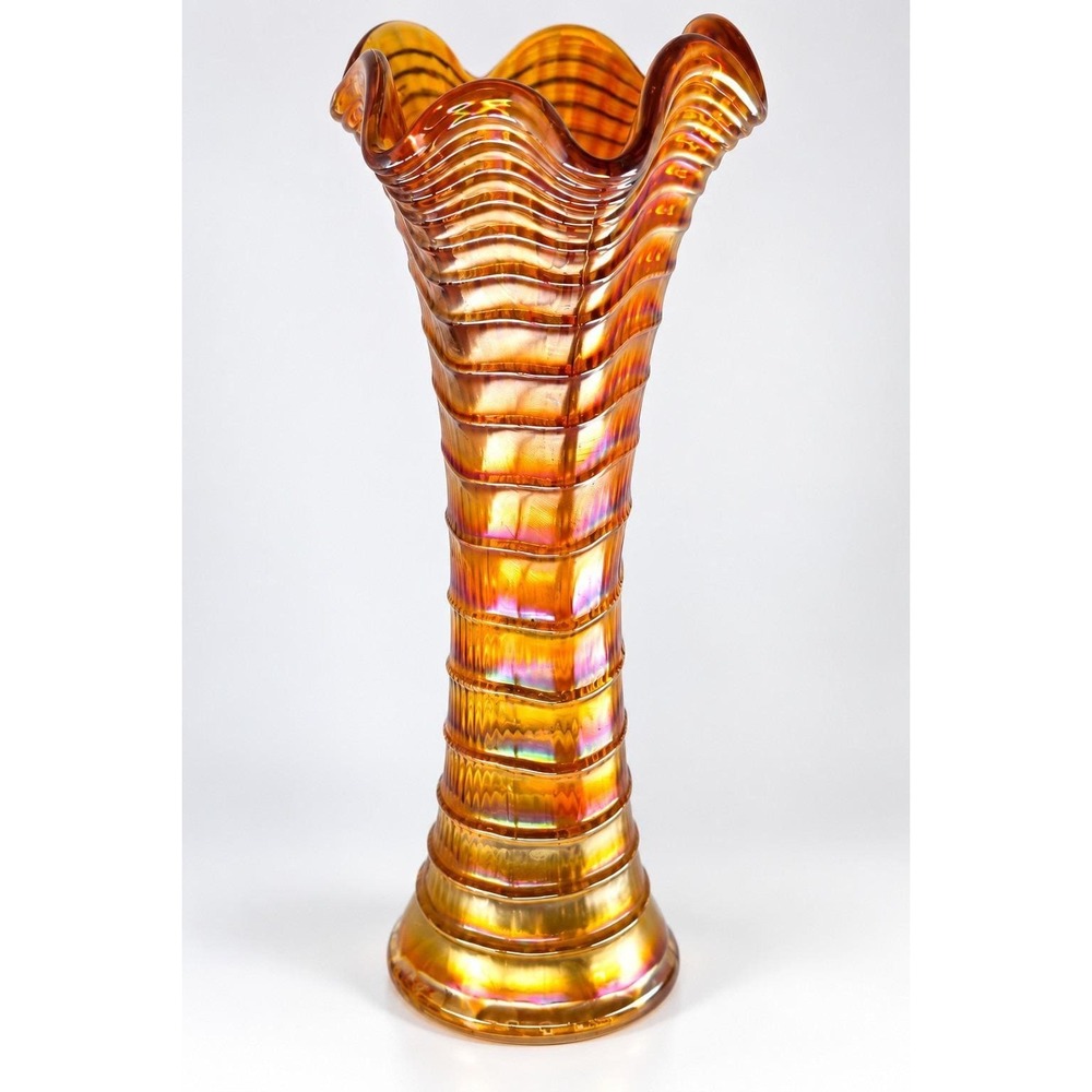 Imperial Glass Ripple Marigold Carnival Glass Swung Vase 9.5" Ruffled Rim